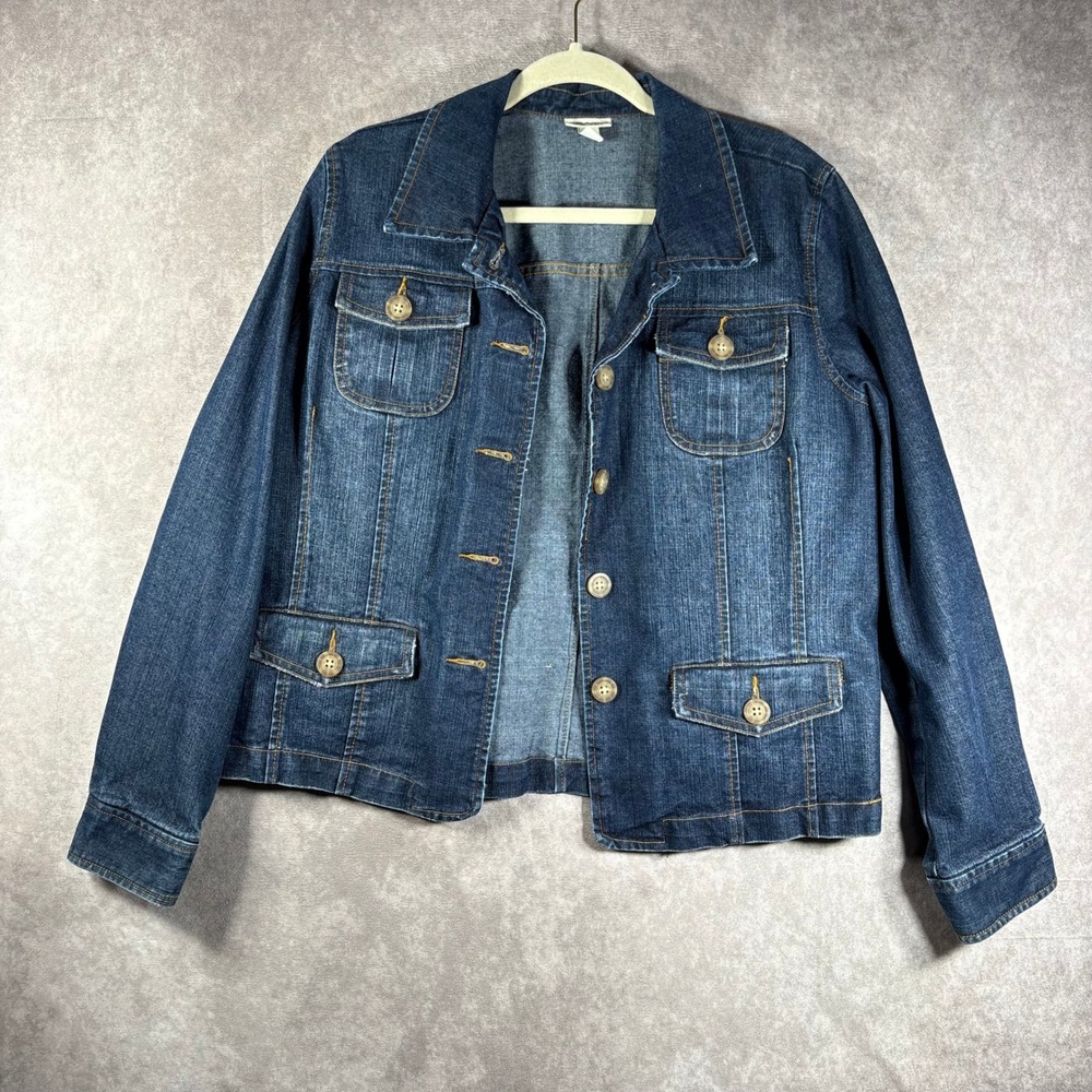 Cherokee Denim Trucker Chore Jacket Women Large Blue Jean Casual Pockets Outdoor